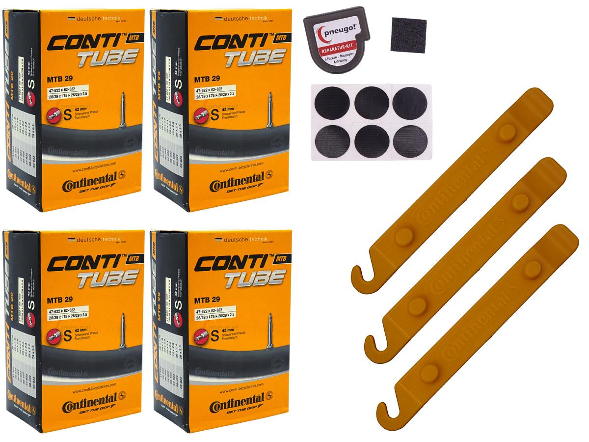 4x Fahrradschlauch Continental MTB 28+29 Zoll 47-622/62-622 Sclaverand-Ventil 42mm +3x Conti Reifenheber +pneugo! Reparatur-Kit