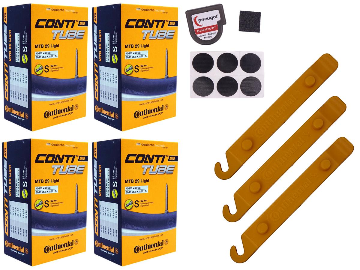 4x Fahrradschlauch Continental MTB 29 Light 29 Zoll 47-622/60-622 Sclaverand-Ventil 60mm +3x Conti Reifenheber +pneugo! Reparatur-Kit