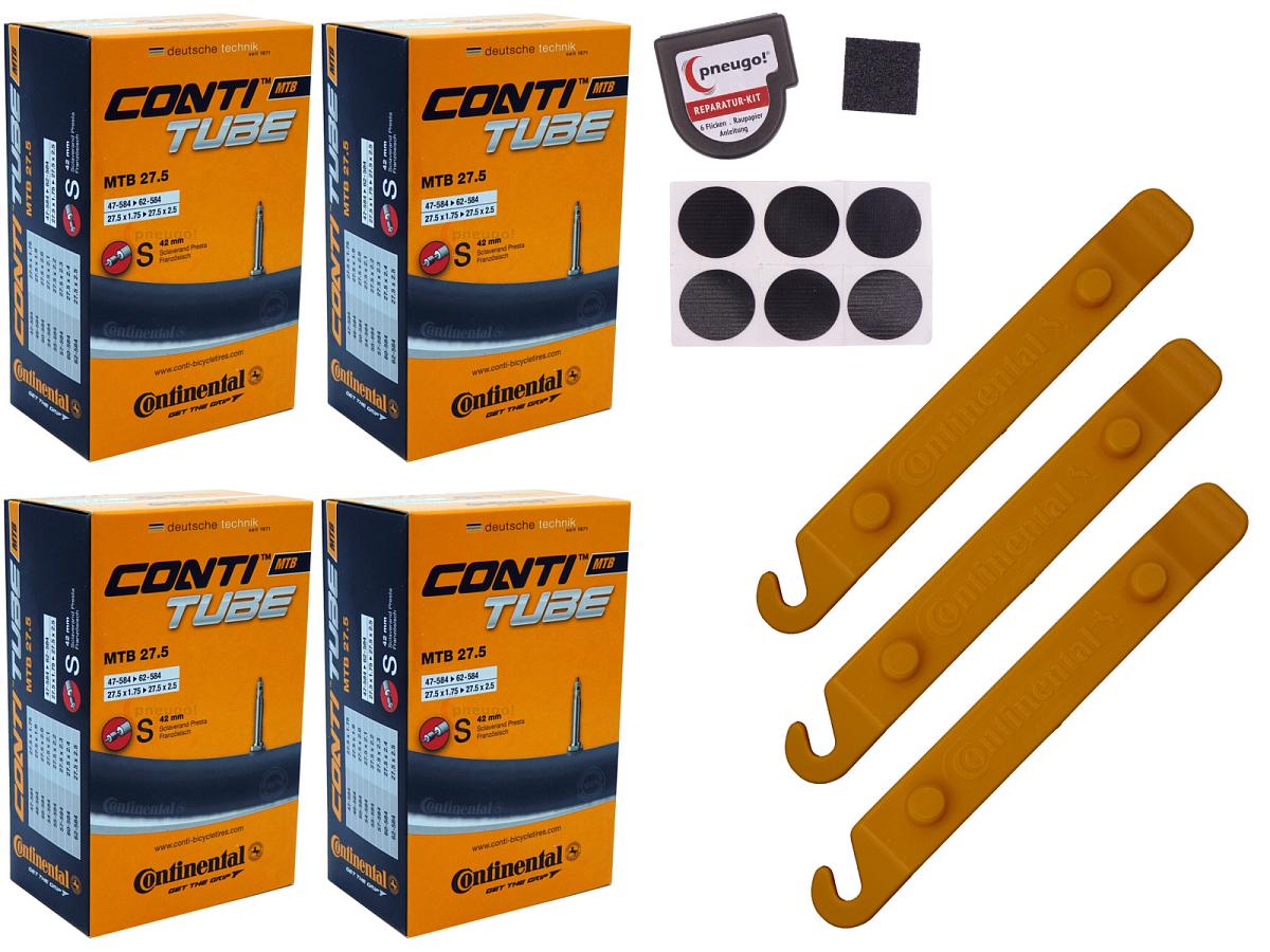 4x Fahrradschlauch Continental MTB 27.5 27.5 Zoll 47-584/62-584 Sclaverand-Ventil 42mm +3x Conti Reifenheber +pneugo! Reparatur-Kit