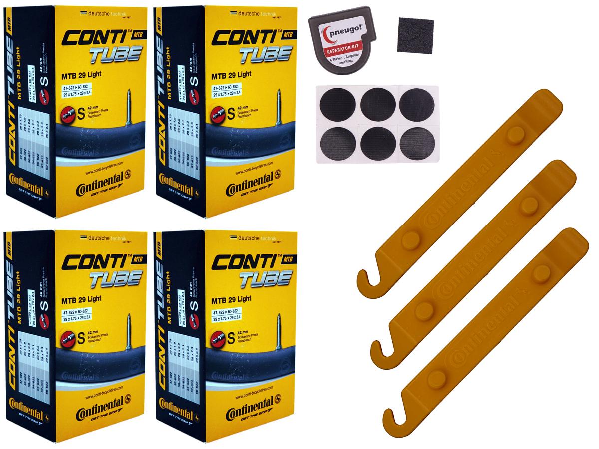 4x Fahrradschlauch Continental MTB 29 Light 29 Zoll 47-622/60-622 Sclaverand-Ventil 42mm +3x Conti Reifenheber +pneugo! Reparatur-Kit