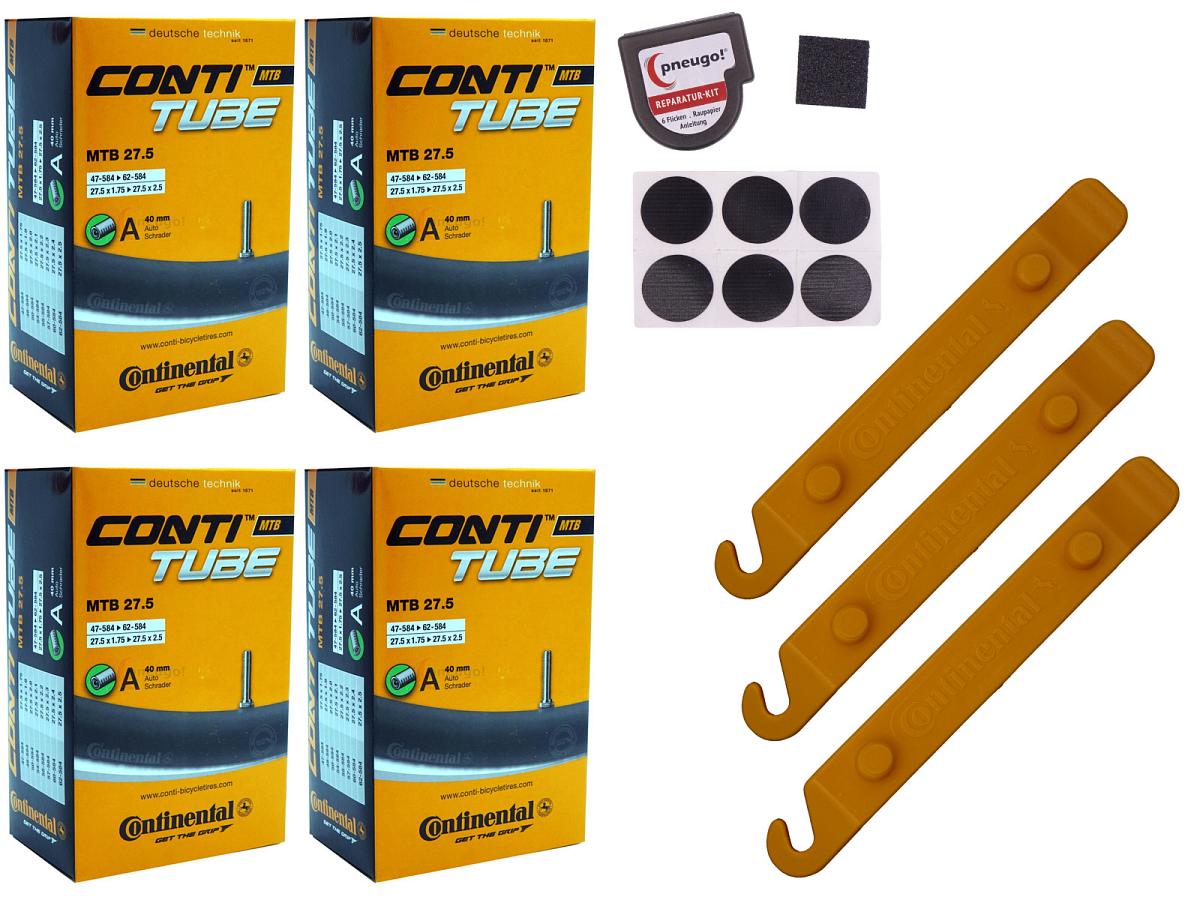 4x Fahrradschlauch Continental MTB 27.5 27.5 Zoll 47-584/62-584 Auto-Ventil 40mm +3x Conti Reifenheber +pneugo! Reparatur-Kit