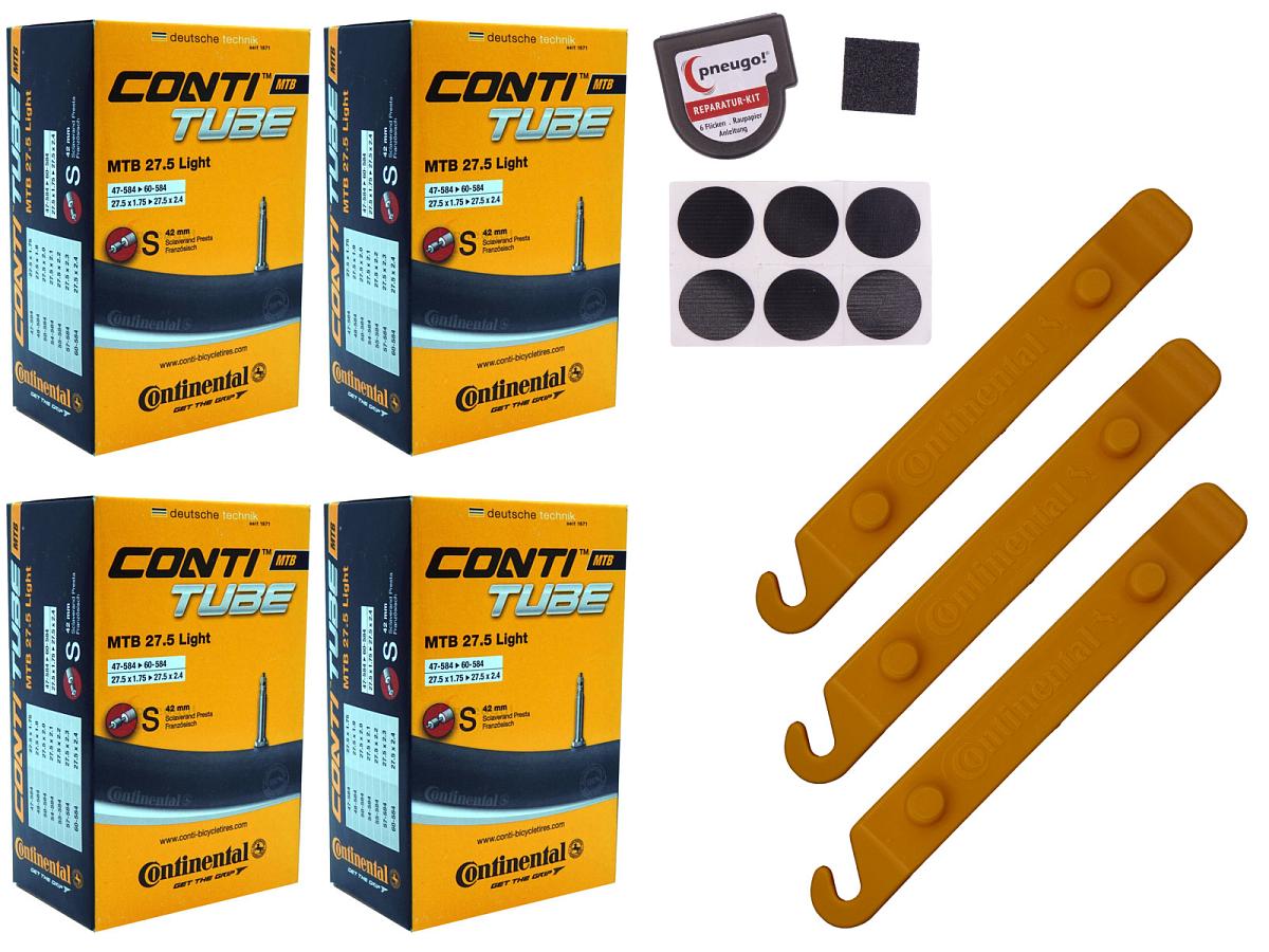 4x Fahrradschlauch Continental MTB 27.5 Light 27.5 Zoll 47-584/60-584 Sclaverand-Ventil 42mm +3x Conti Reifenheber +pneugo! Reparatur-Kit