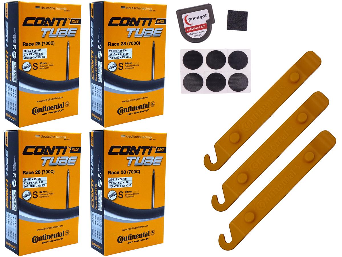 4x Fahrradschlauch Continental Race 28 28 Zoll 20-622/25-630 Sclaverand-Ventil 80mm +3x Conti Reifenheber +pneugo! Reparatur-Kit