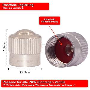 2 Ventilkappen pneugo!® PKW mit Dichtung Messing Vernickelt